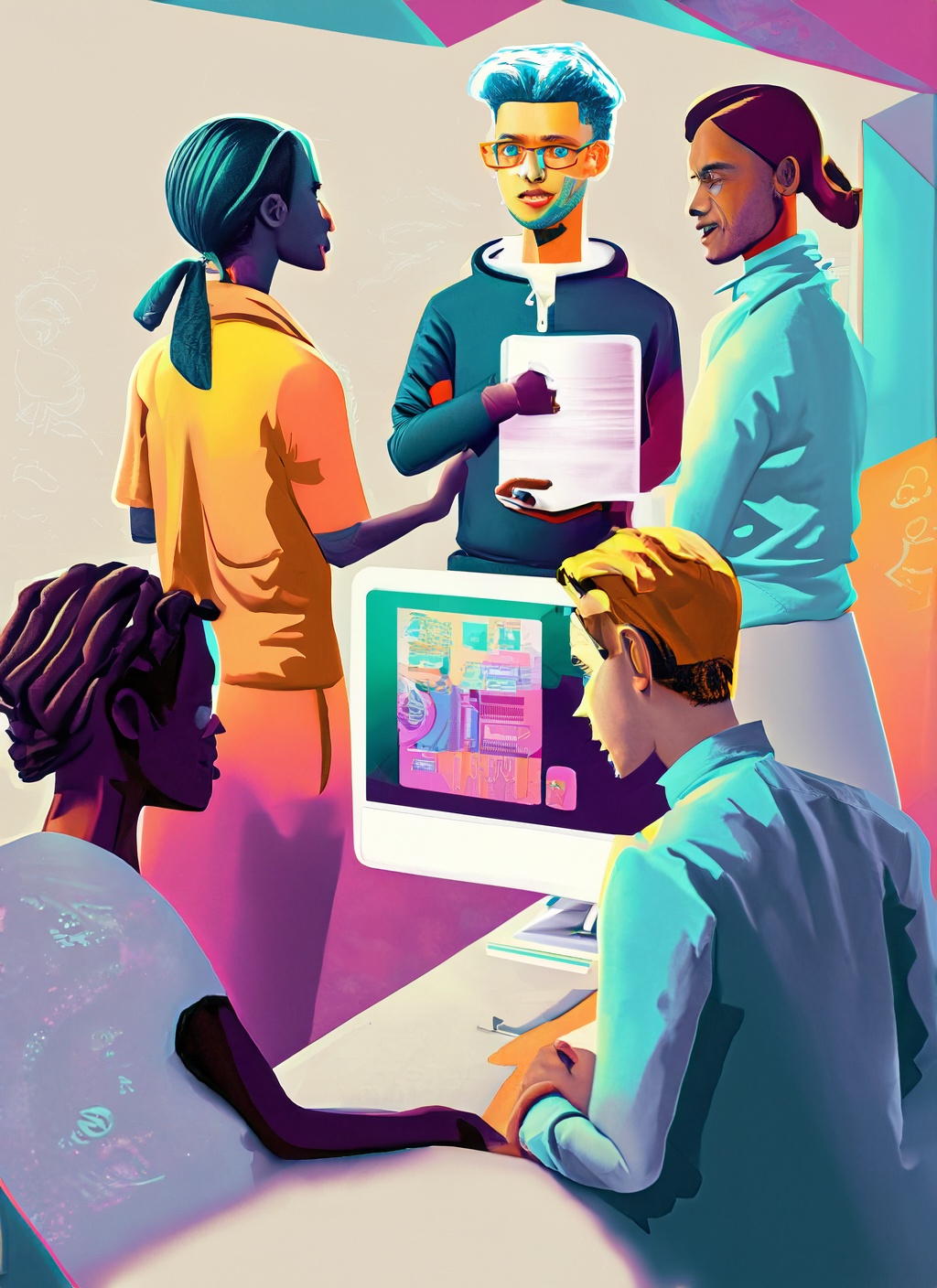 Colourful cartoon-like picture of person leading others around a computer. People have mixed genders and ethnicities.