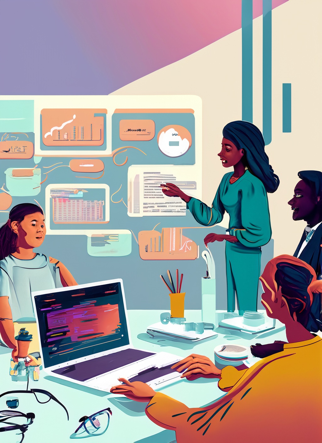 Colourful cartoon-like picture of a Black woman presenting to others around a computer. People have mixed genders and ethnicities.